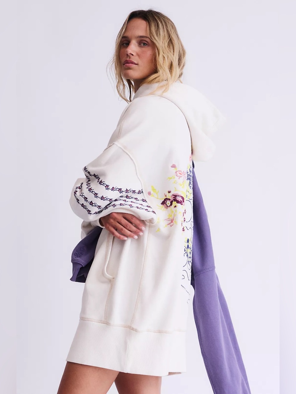 NWT FREE PEOPLE MOVEMENT At My Best Embroidered Hoodie | Ivory Combo MSRP $198 - Picture 4 of 7
